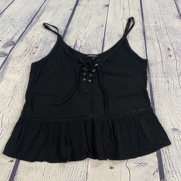 Ambiance Tops - Ambiance Lace Up Front Strappy Black Crop Top